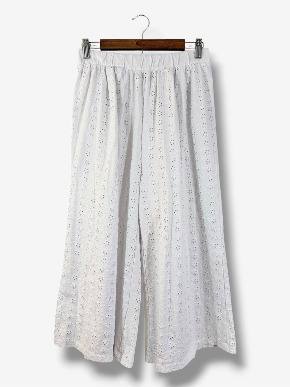 ASOS White Eyelet Wide Leg Cropped Pants Size 10 Cotton Stretch Beach Coastal